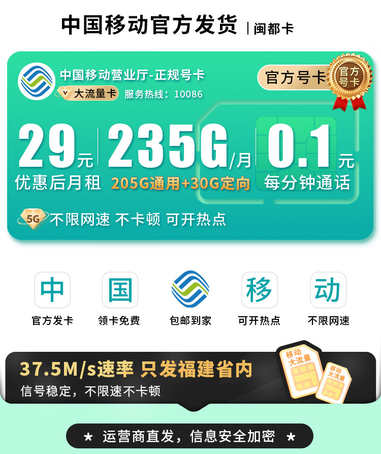 移动闽都卡29元235G流量+福建专属